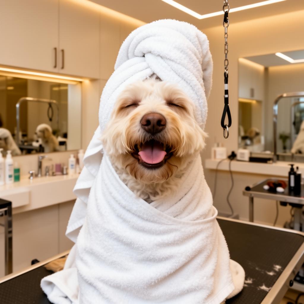 Happy dog wrapped in towel after grooming at Totally Mutts Vancouver WA